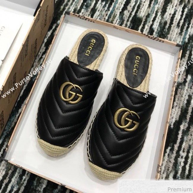 Gucci Leather Espadrille Mules Slippers with Double G 551881 Black 2019 (LRF-9032832)