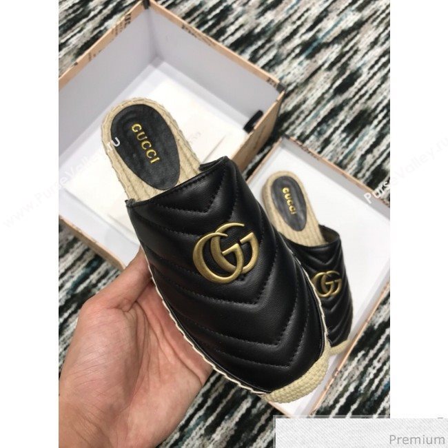 Gucci Leather Espadrille Mules Slippers with Double G 551881 Black 2019 (LRF-9032832)