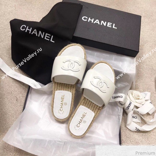 Chanel CC Leather Espadrille Slide Sandals White 2019 (LRF-9032835)