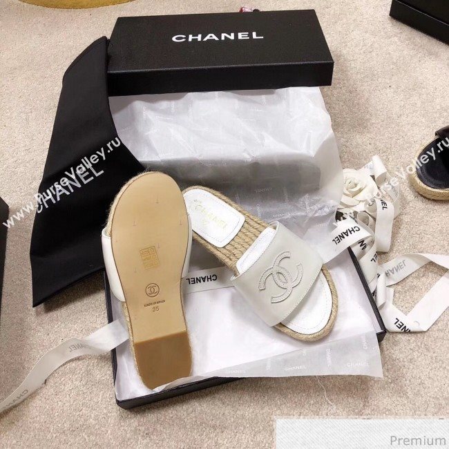 Chanel CC Leather Espadrille Slide Sandals White 2019 (LRF-9032835)
