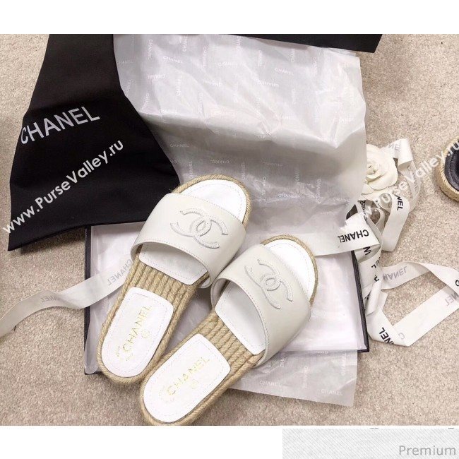 Chanel CC Leather Espadrille Slide Sandals White 2019 (LRF-9032835)