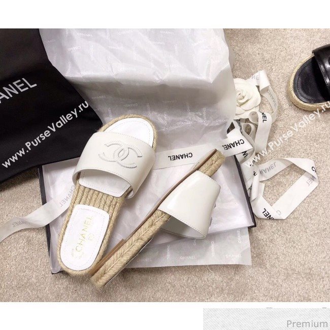 Chanel CC Leather Espadrille Slide Sandals White 2019 (LRF-9032835)
