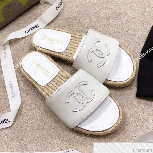 Chanel CC Leather Espadrille Slide Sandals White 2019 (LRF-9032835)