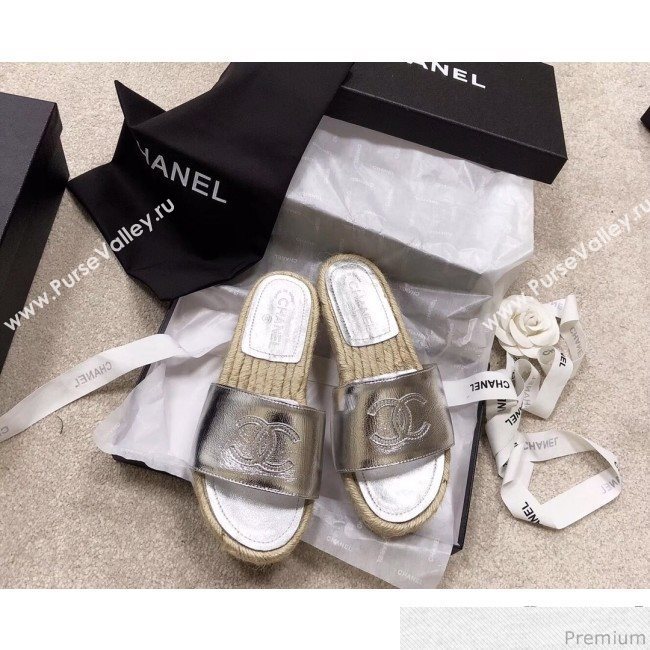 Chanel CC Laminated Leather Espadrille Slide Sandals Silver 2019 (LRF-9032836)