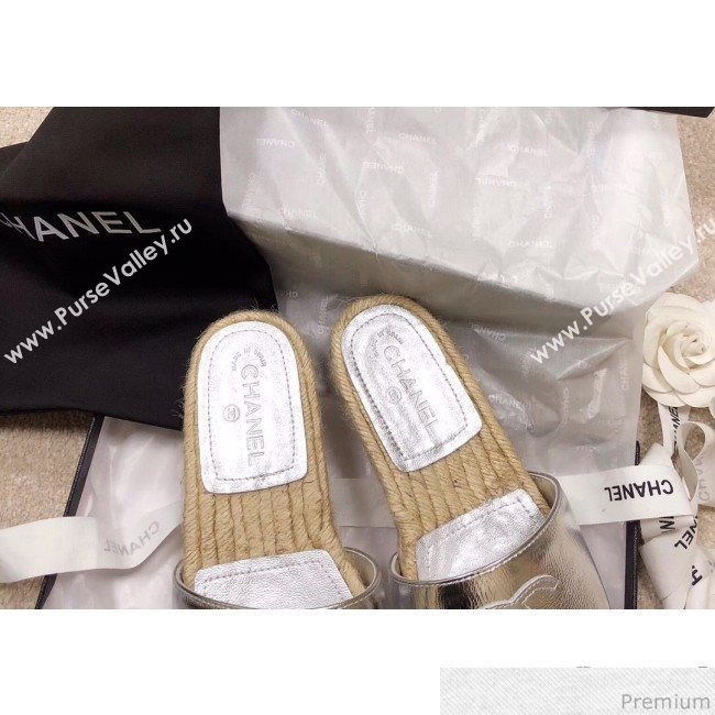 Chanel CC Laminated Leather Espadrille Slide Sandals Silver 2019 (LRF-9032836)