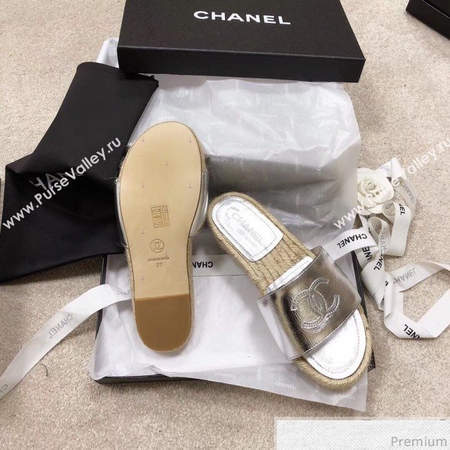 Chanel CC Laminated Leather Espadrille Slide Sandals Silver 2019 (LRF-9032836)