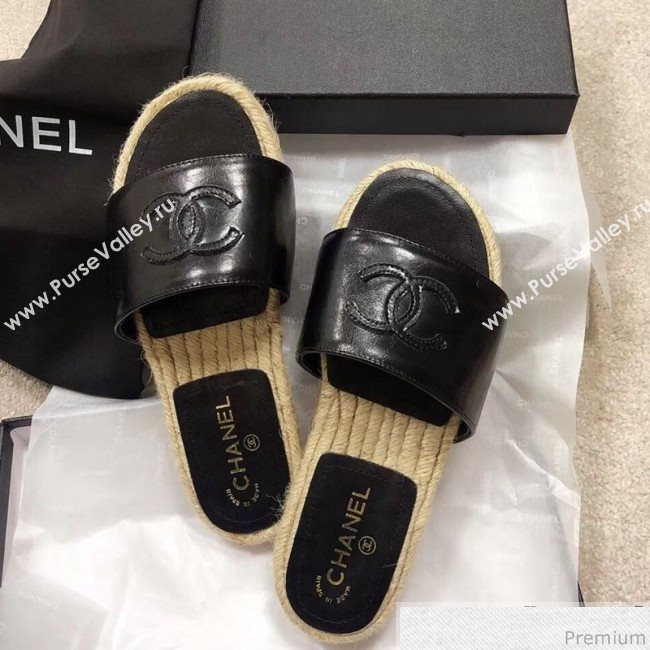 Chanel CC Laminated Leather Espadrille Slide Sandals Black 2019 (LRF-9032837)