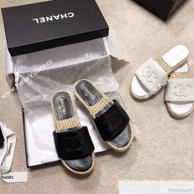 Chanel CC Laminated Leather Espadrille Slide Sandals Black 2019 (LRF-9032837)