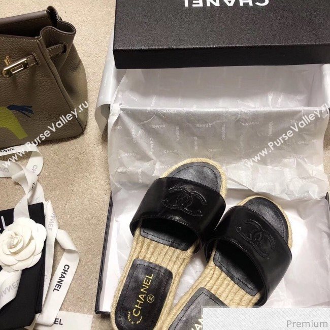 Chanel CC Laminated Leather Espadrille Slide Sandals Black 2019 (LRF-9032837)