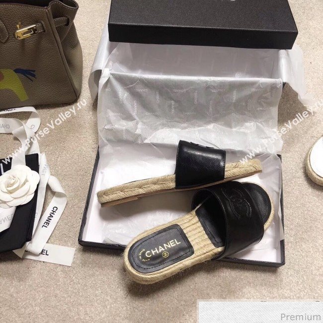 Chanel CC Laminated Leather Espadrille Slide Sandals Black 2019 (LRF-9032837)