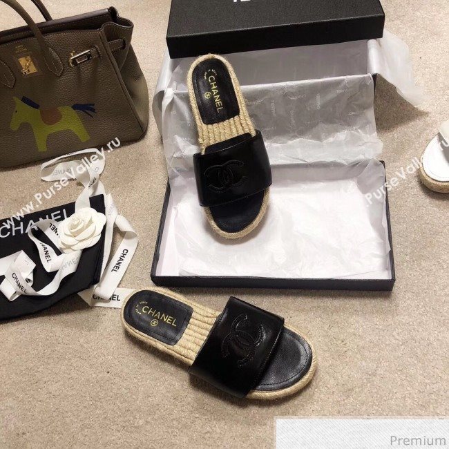 Chanel CC Laminated Leather Espadrille Slide Sandals Black 2019 (LRF-9032837)