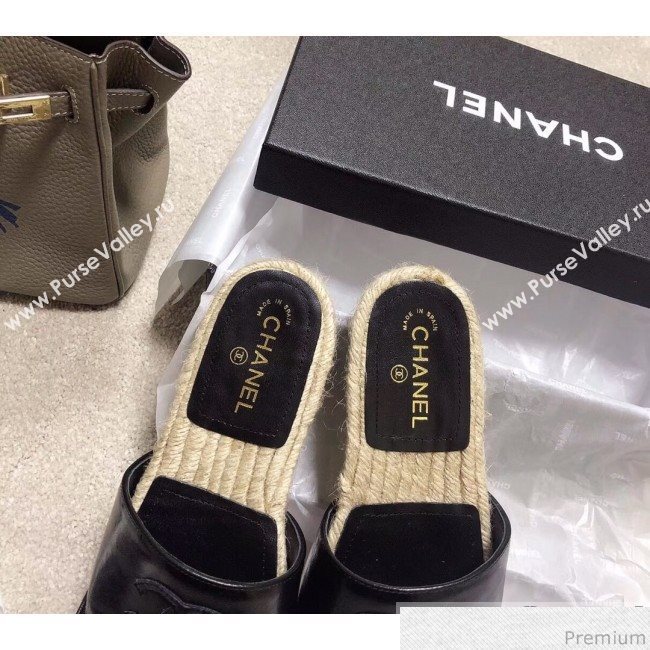 Chanel CC Laminated Leather Espadrille Slide Sandals Black 2019 (LRF-9032837)