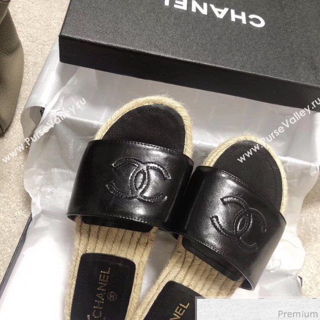 Chanel CC Laminated Leather Espadrille Slide Sandals Black 2019 (LRF-9032837)