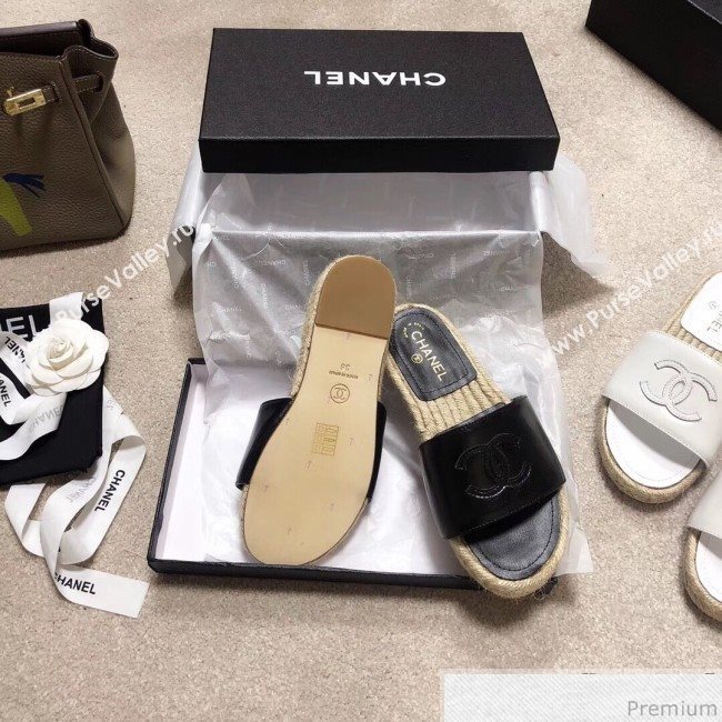 Chanel CC Laminated Leather Espadrille Slide Sandals Black 2019 (LRF-9032837)
