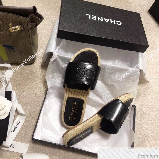 Chanel CC Laminated Leather Espadrille Slide Sandals Black 2019 (LRF-9032837)