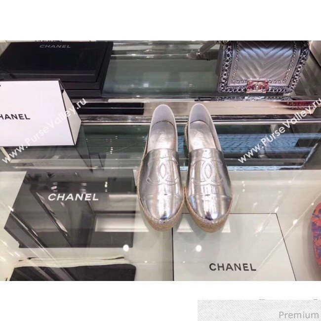 Chanel CC Laminated Leather Espadrilles G29762 Silver 2019 (LRF-9032838)
