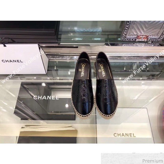 Chanel CC Laminated Leather Espadrilles G29762 Black 2019 (LRF-9032839)