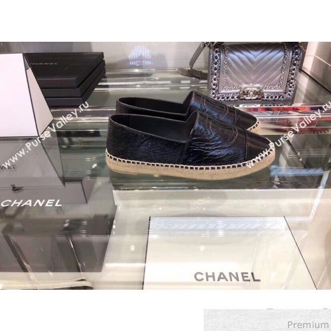 Chanel CC Laminated Leather Espadrilles G29762 Black 2019 (LRF-9032839)