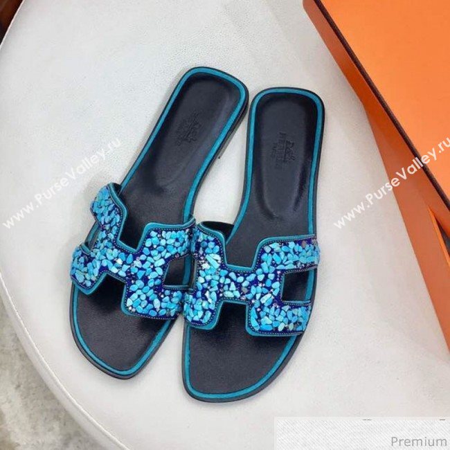 Hermes Oran Handstone Flat Slide Sandals Turquoise 2019 (HZJ-9032902)