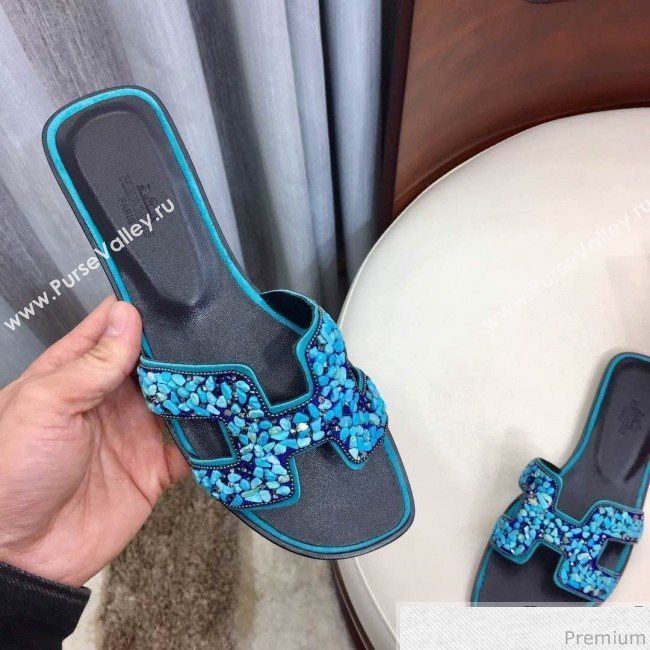 Hermes Oran Handstone Flat Slide Sandals Turquoise 2019 (HZJ-9032902)