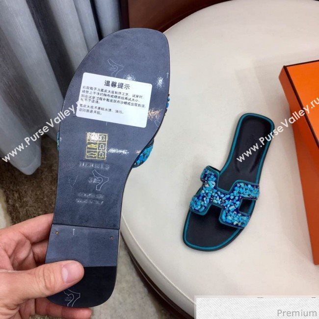 Hermes Oran Handstone Flat Slide Sandals Turquoise 2019 (HZJ-9032902)