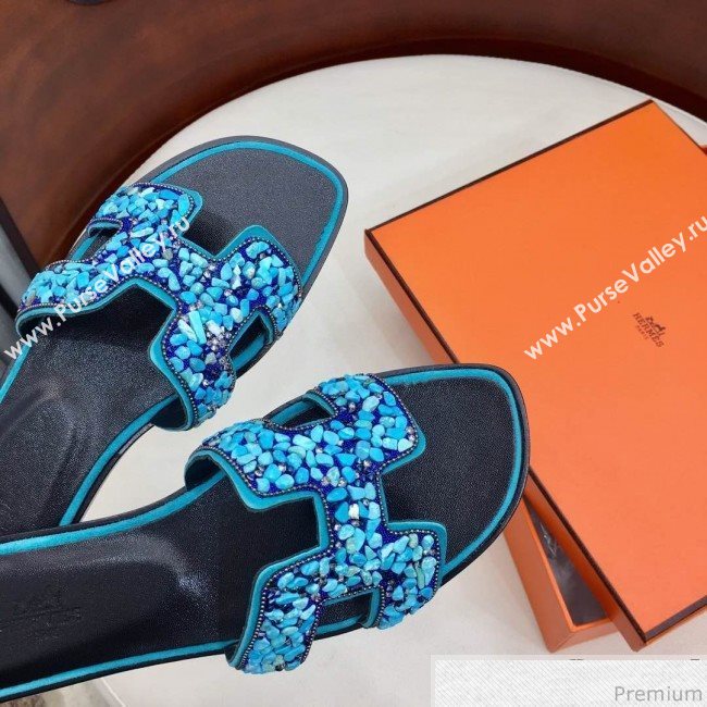 Hermes Oran Handstone Flat Slide Sandals Turquoise 2019 (HZJ-9032902)