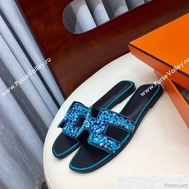 Hermes Oran Handstone Flat Slide Sandals Turquoise 2019 (HZJ-9032902)