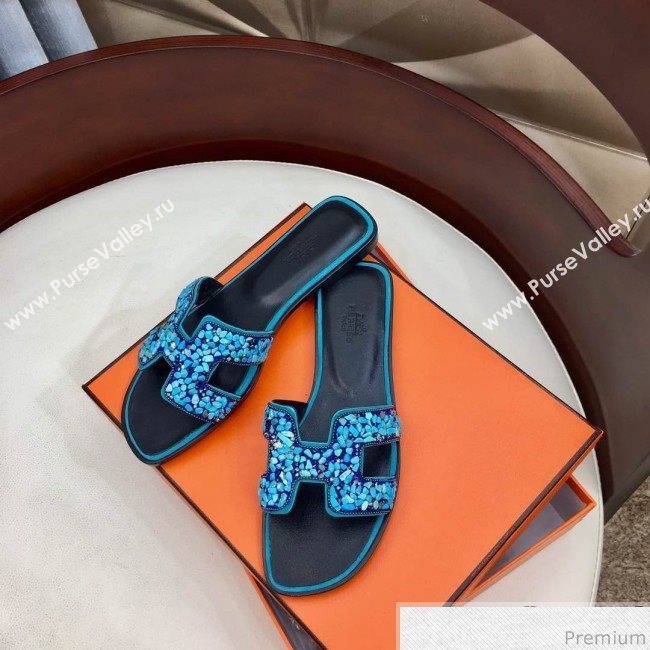 Hermes Oran Handstone Flat Slide Sandals Turquoise 2019 (HZJ-9032902)