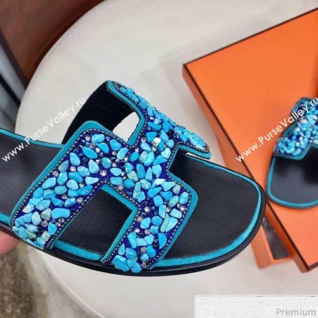 Hermes Oran Handstone Flat Slide Sandals Turquoise 2019 (HZJ-9032902)