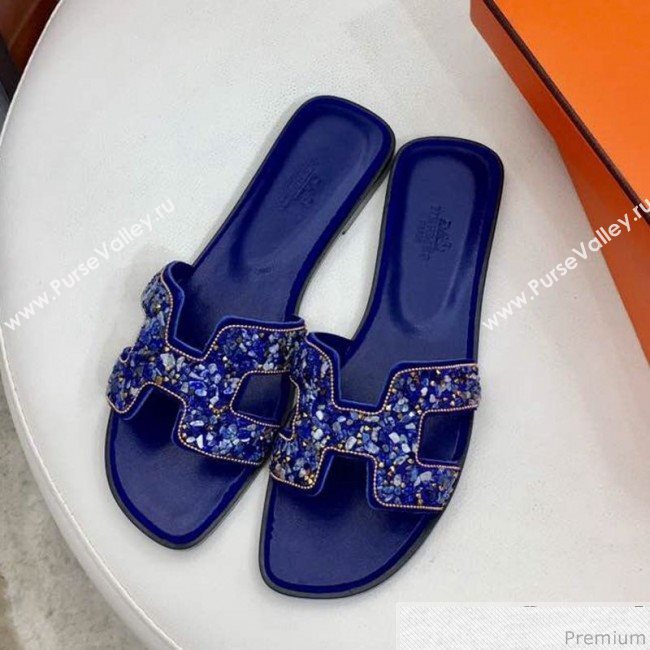 Hermes Oran Handstone Flat Slide Sandals Blue 2019 (HZJ-9032903)