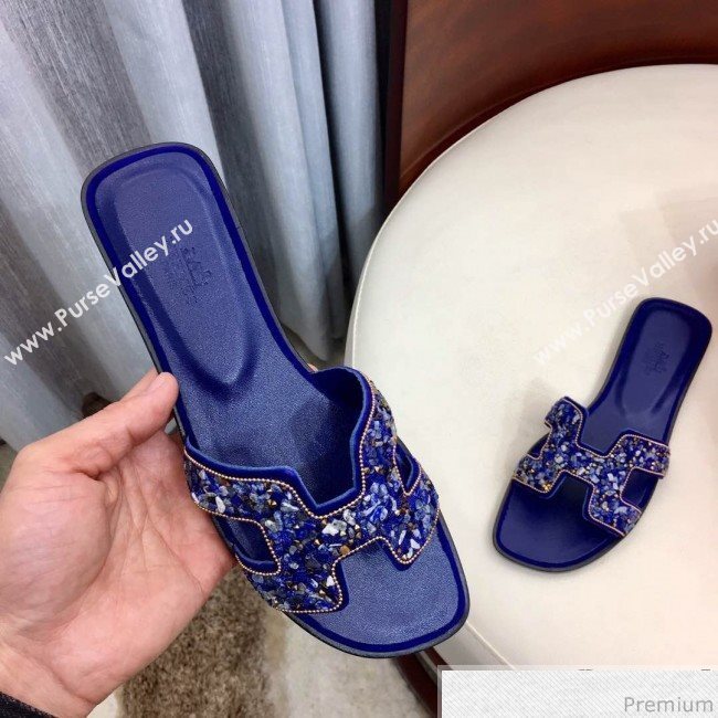 Hermes Oran Handstone Flat Slide Sandals Blue 2019 (HZJ-9032903)