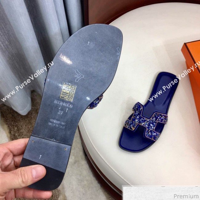 Hermes Oran Handstone Flat Slide Sandals Blue 2019 (HZJ-9032903)