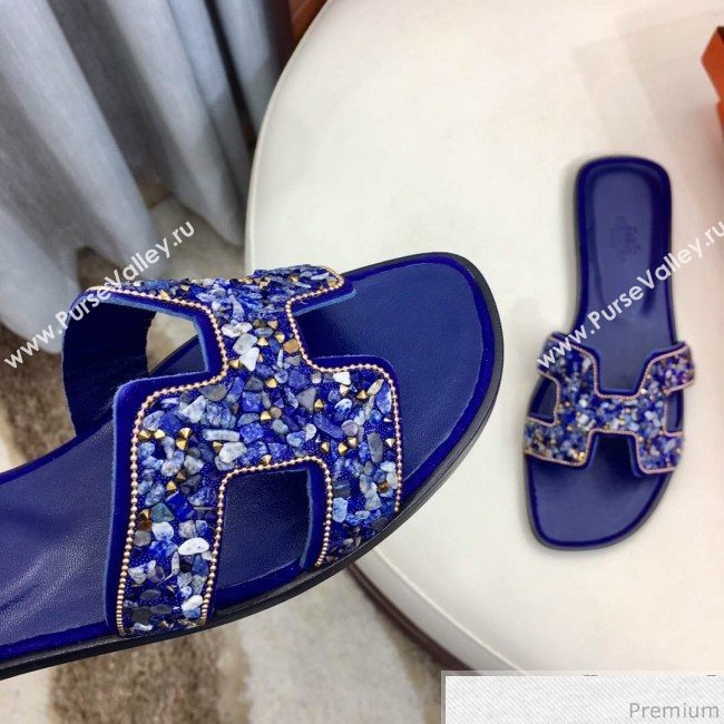 Hermes Oran Handstone Flat Slide Sandals Blue 2019 (HZJ-9032903)