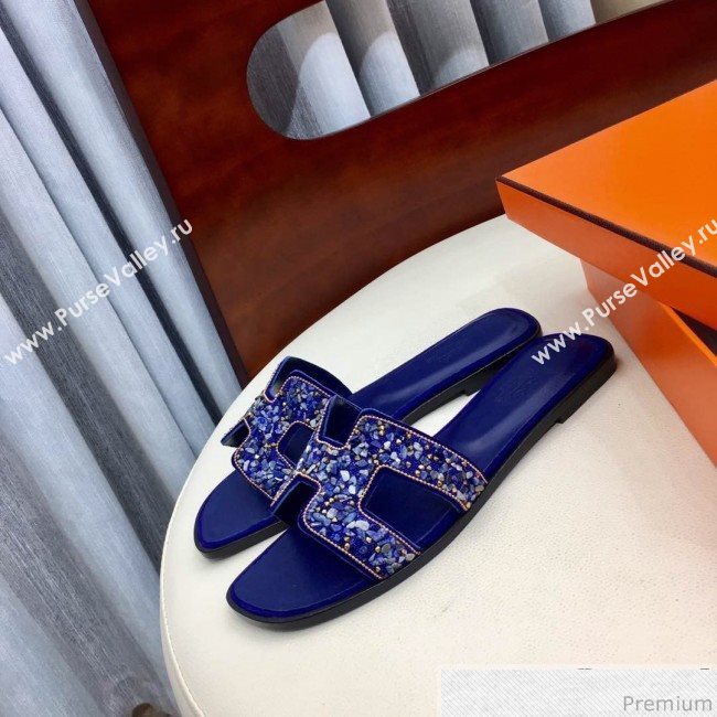 Hermes Oran Handstone Flat Slide Sandals Blue 2019 (HZJ-9032903)