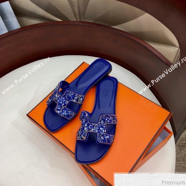 Hermes Oran Handstone Flat Slide Sandals Blue 2019 (HZJ-9032903)