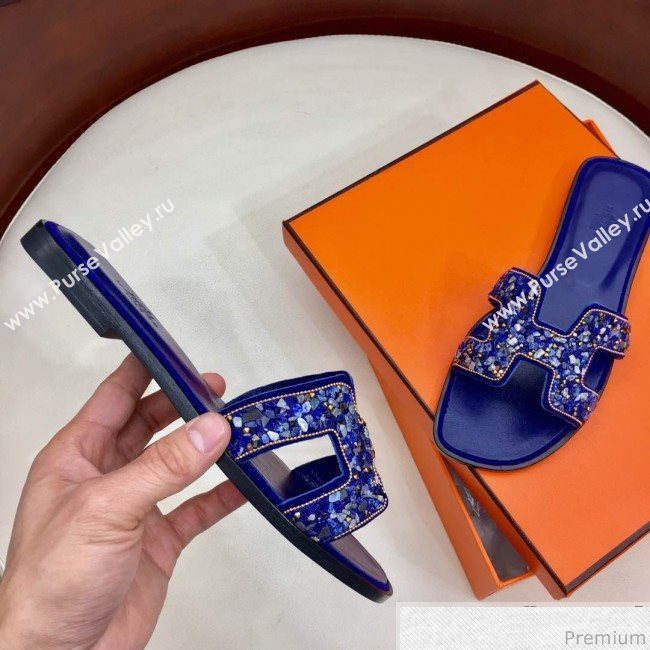 Hermes Oran Handstone Flat Slide Sandals Blue 2019 (HZJ-9032903)