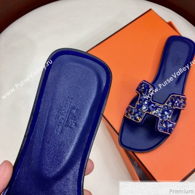 Hermes Oran Handstone Flat Slide Sandals Blue 2019 (HZJ-9032903)