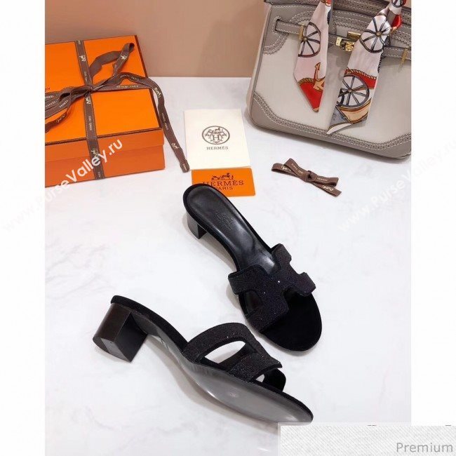 Hermes Oasis Crystal H Mid-Heel Slide Sandals Black (4037-9031152)