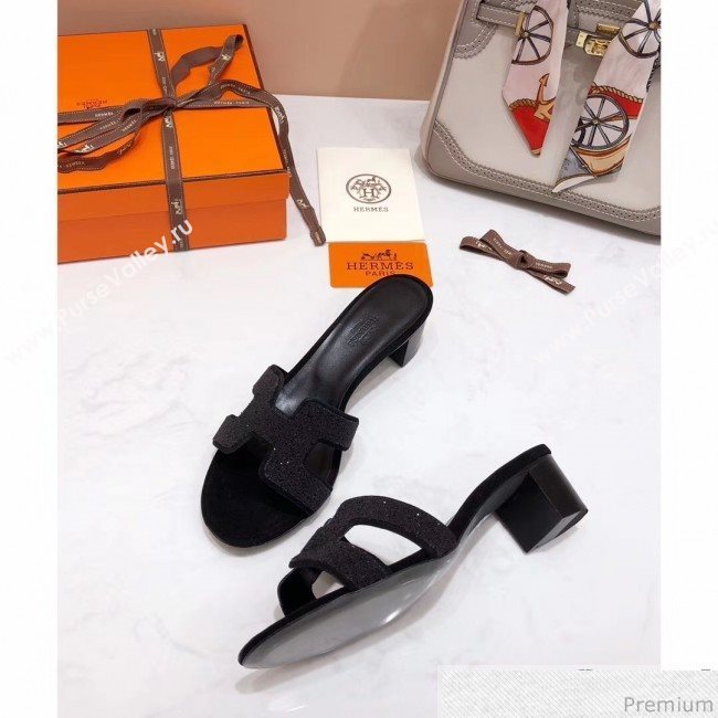 Hermes Oasis Crystal H Mid-Heel Slide Sandals Black (4037-9031152)