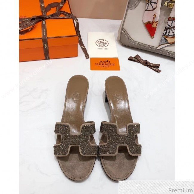 Hermes Oasis Crystal H Mid-Heel Slide Sandals Brown/Grey (4037-9031153)