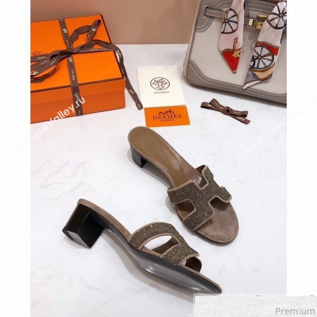 Hermes Oasis Crystal H Mid-Heel Slide Sandals Brown/Grey (4037-9031153)