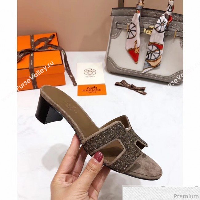 Hermes Oasis Crystal H Mid-Heel Slide Sandals Brown/Grey (4037-9031153)