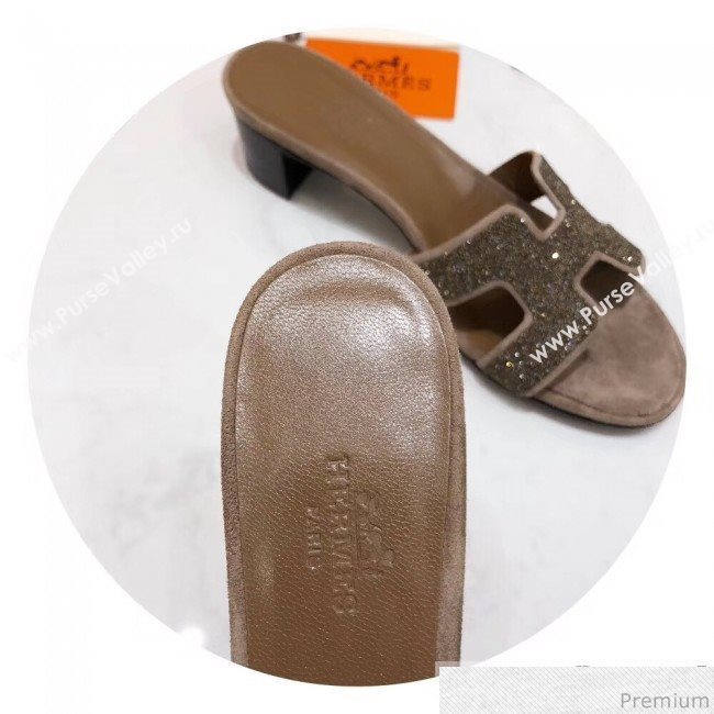 Hermes Oasis Crystal H Mid-Heel Slide Sandals Brown/Grey (4037-9031153)