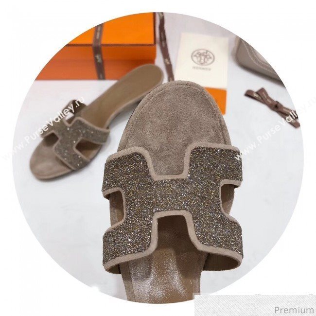 Hermes Oasis Crystal H Mid-Heel Slide Sandals Brown/Grey (4037-9031153)