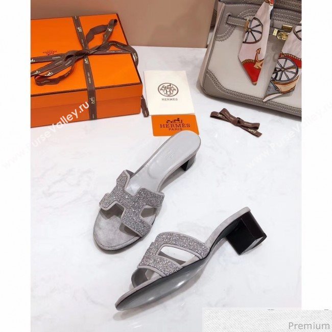 Hermes Oasis Crystal H Mid-Heel Slide Sandals White/Grey (4037-9031154)