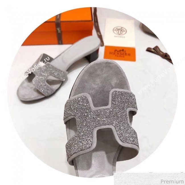 Hermes Oasis Crystal H Mid-Heel Slide Sandals White/Grey (4037-9031154)