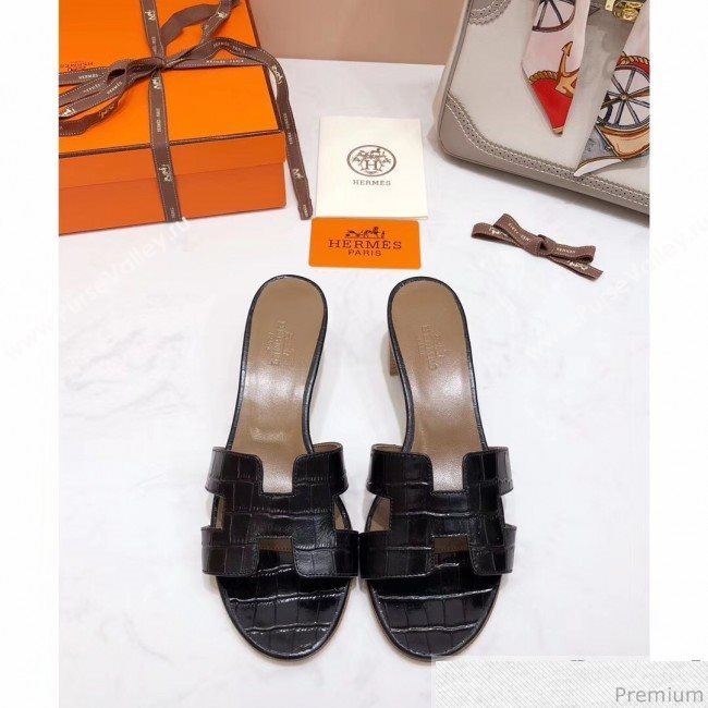 Hermes Oasis Alligator Calf Leather Slide Sandals Black (4037-9031155)