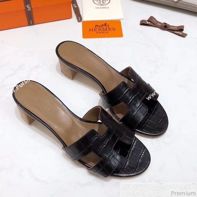 Hermes Oasis Alligator Calf Leather Slide Sandals Black (4037-9031155)