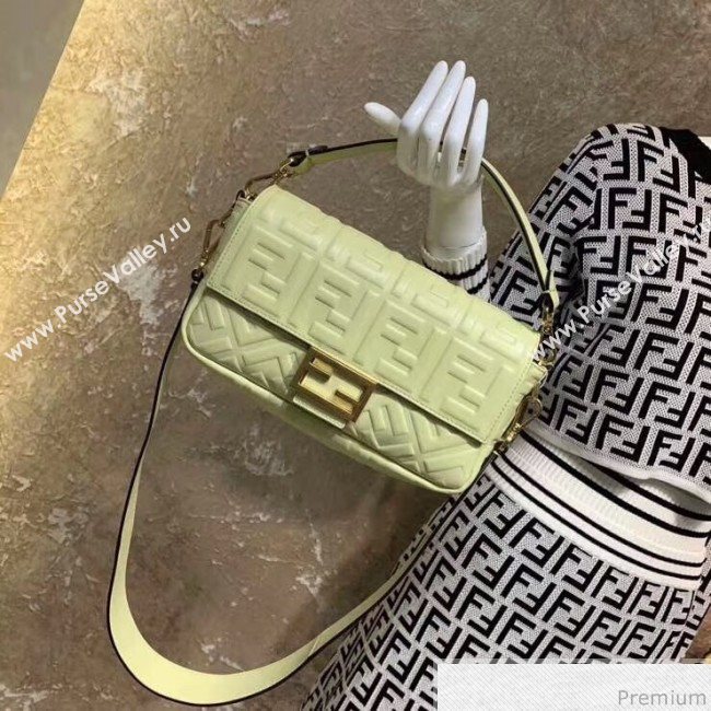 Fendi Baguette Medium FF Logo Lambskin Flap Bag Light Yellow 2019 (CL-9031344)