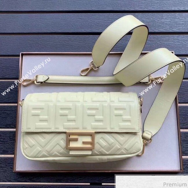 Fendi Baguette Medium FF Logo Lambskin Flap Bag Light Yellow 2019 (CL-9031344)